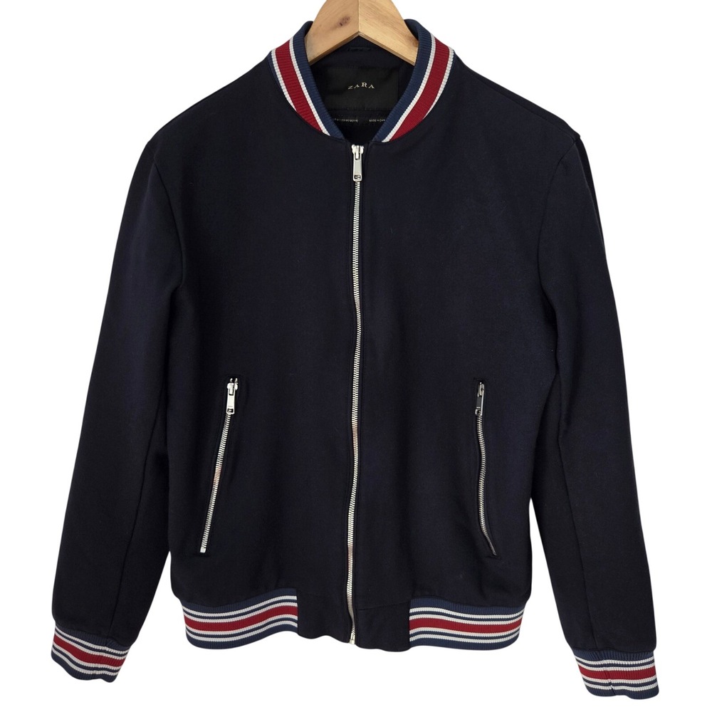 Zara Man Navy Blue Striped Trim Full Zip Bomber Jacket Medium